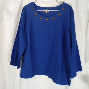 Choices 100% Linen Top Embellished Royal Blue 3/4 Sleeve